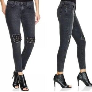 NWT Current Elliott The Stiletto Black Skinny Jeans with Embellished Knees. Sz 0
